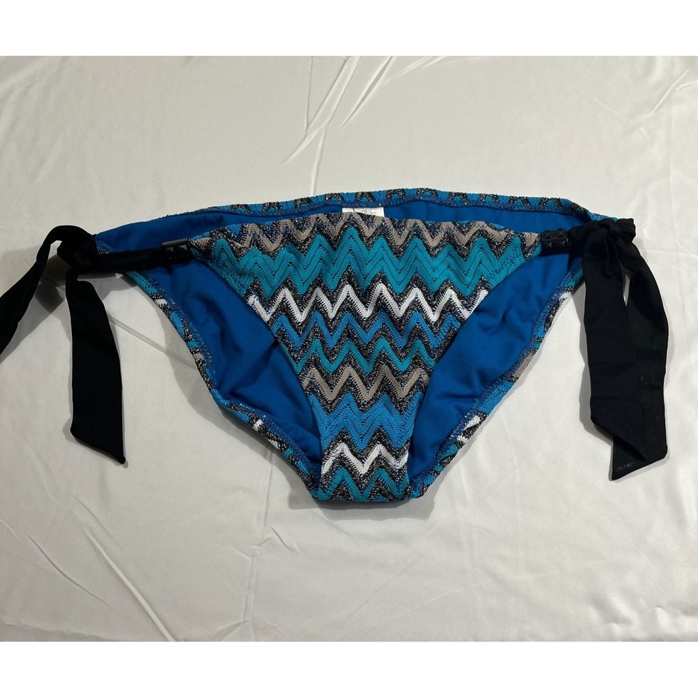 Perry Ellis Bikini Bottoms Size Large Blue Chevron Zig Zag Metallic Side Tie L